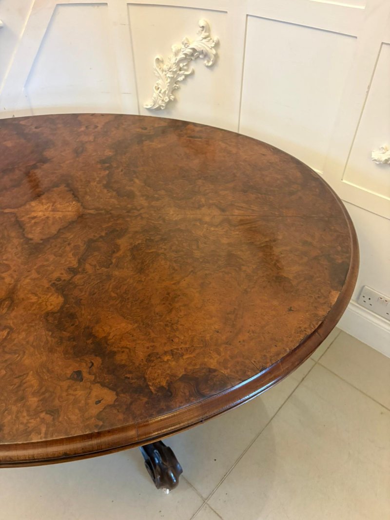 Quality Antique Victorian Burr Walnut Oval 6 Seater Dining Table on Carved Pedestal Base - Image 6